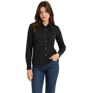 Vintage 70s Women's Small Black Polyester Button Front Shirt Wide Collar